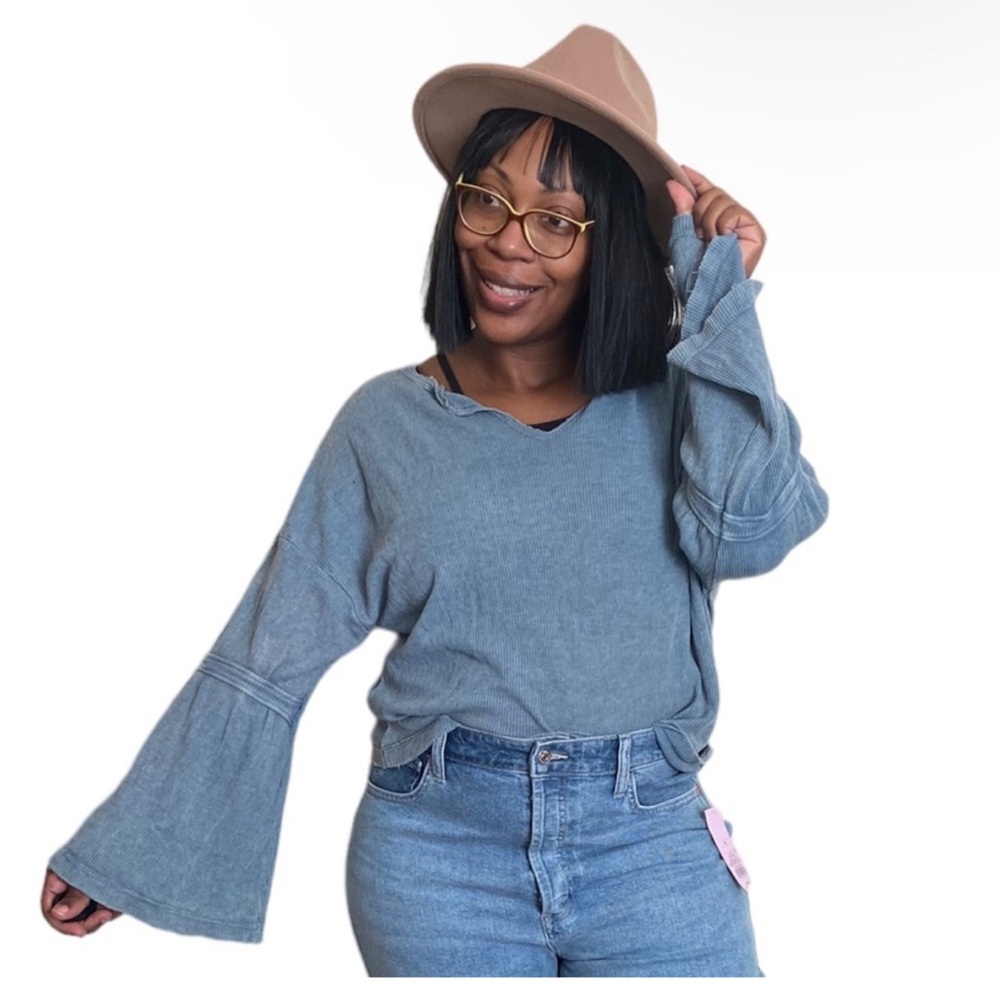 Honey Belle Tee Waffle Knit Thermal Shirt Bell Sleeve